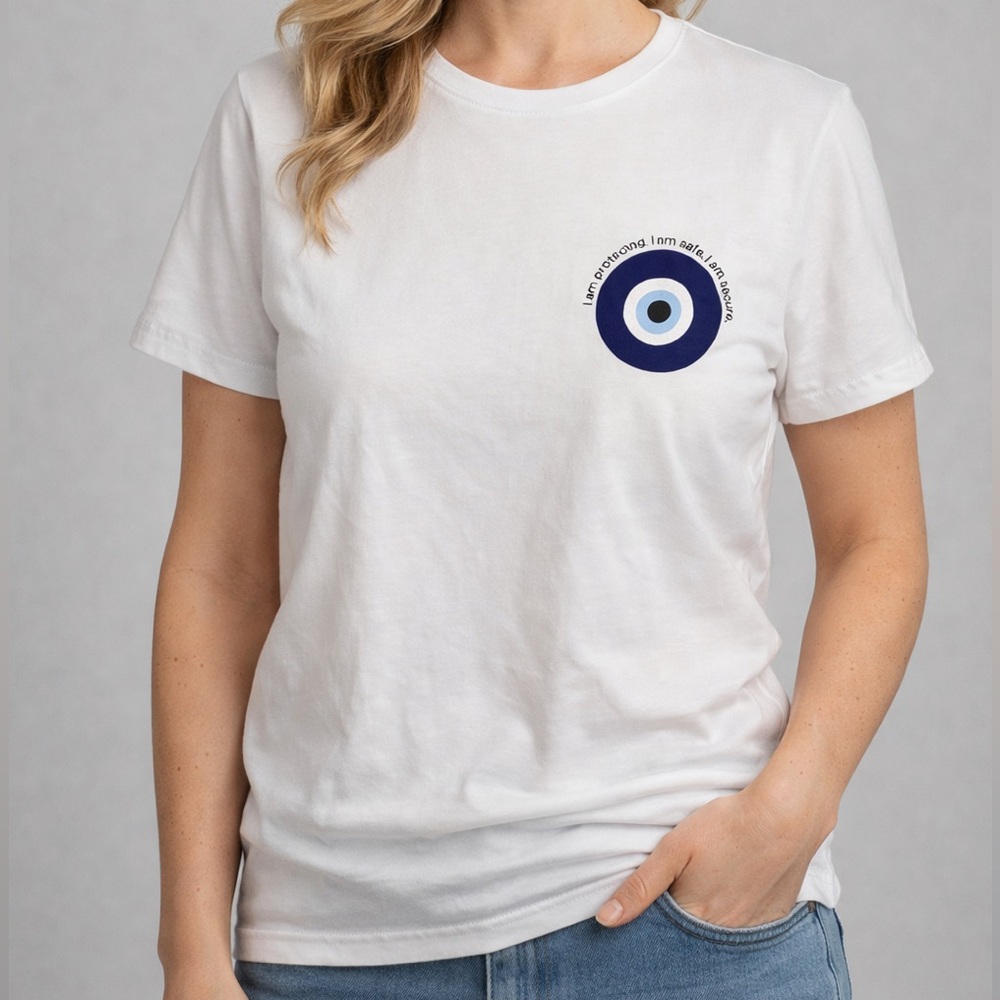 White T-Shirt with Quirky Evil Eye Design